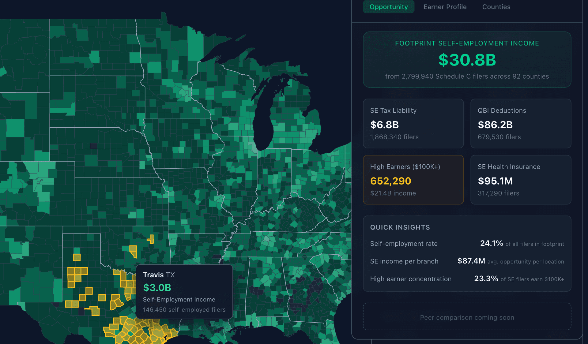 SoloStates interactive map showing self-employment data by county