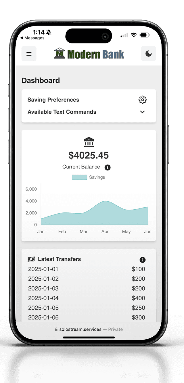 SoloStream product — SMS, Tax Calculator, and Dashboard on mobile